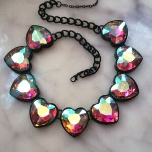 Iridescent Heart Statement Necklace - Large Rainbow Crystal Jewels & Black Chain